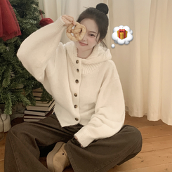 厚手ハイネックフードボタンカーディガン IVORY