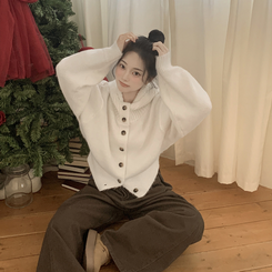 厚手ハイネックフードボタンカーディガン IVORY