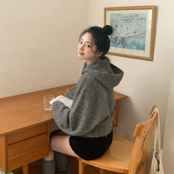 厚手ハイネックフードボタンカーディガン GREY