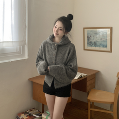 厚手ハイネックフードボタンカーディガン GREY