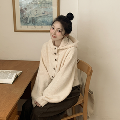 厚手ハイネックフードボタンカーディガン BUTTER