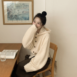 厚手ハイネックフードボタンカーディガン BUTTER