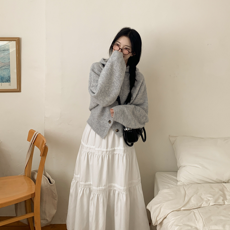 厚手ハイネックフードボタンカーディガン BLUE GRAY