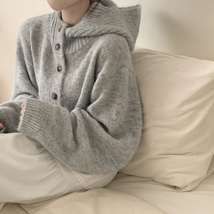 厚手ハイネックフードボタンカーディガン BLUE GRAY