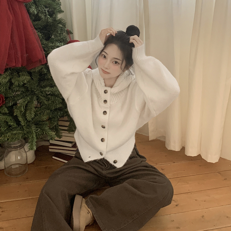 厚手ハイネックフードボタンカーディガン IVORY