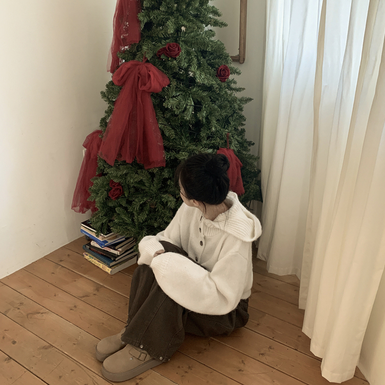 厚手ハイネックフードボタンカーディガン IVORY