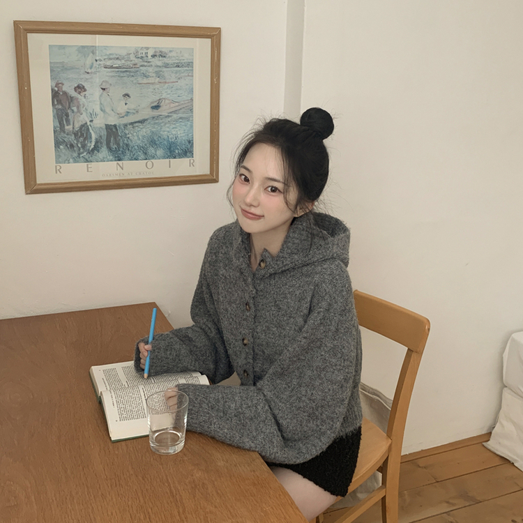 厚手ハイネックフードボタンカーディガン GREY