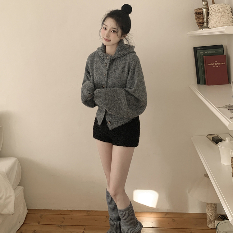 厚手ハイネックフードボタンカーディガン GREY