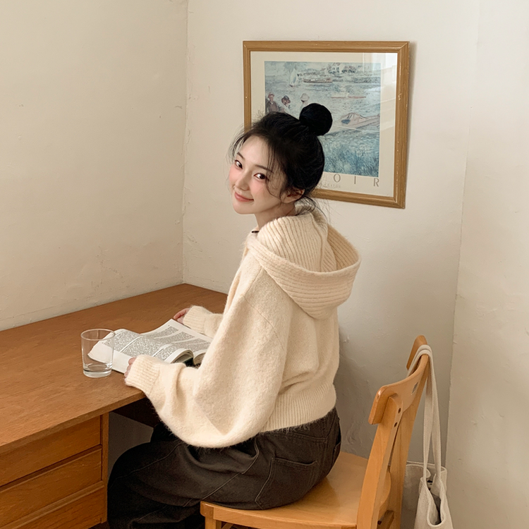 厚手ハイネックフードボタンカーディガン BUTTER