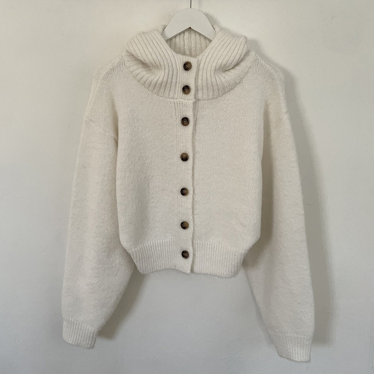 厚手ハイネックフードボタンカーディガン