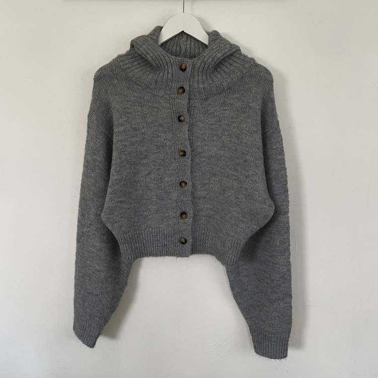 厚手ハイネックフードボタンカーディガン