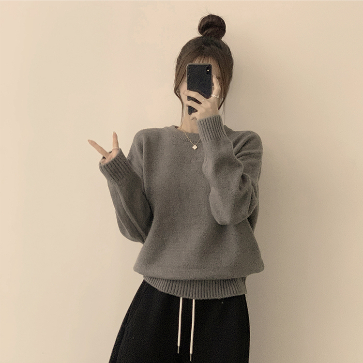 웨이브 라운드 오버핏 겨울 긴팔 니트  그레이