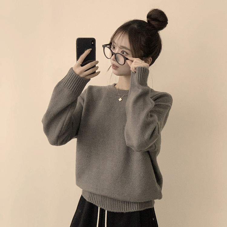 웨이브 라운드 오버핏 겨울 긴팔 니트  그레이