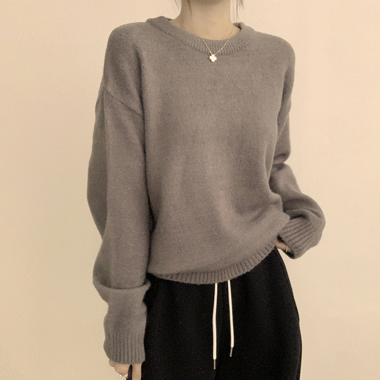 웨이브 라운드 오버핏 겨울 긴팔 니트  그레이