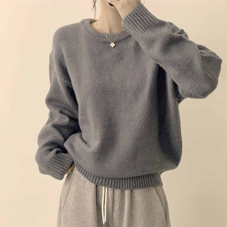 웨이브 라운드 오버핏 겨울 긴팔 니트  블루