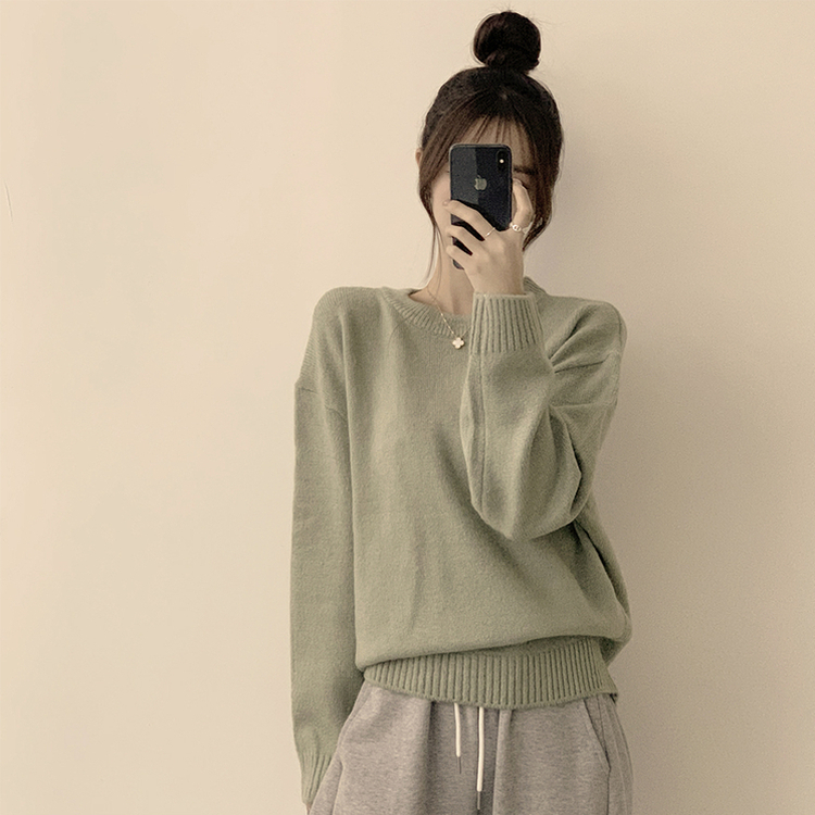 웨이브 라운드 오버핏 겨울 긴팔 니트  연두