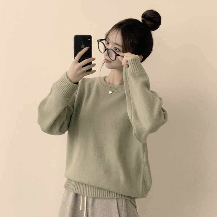 웨이브 라운드 오버핏 겨울 긴팔 니트  연두