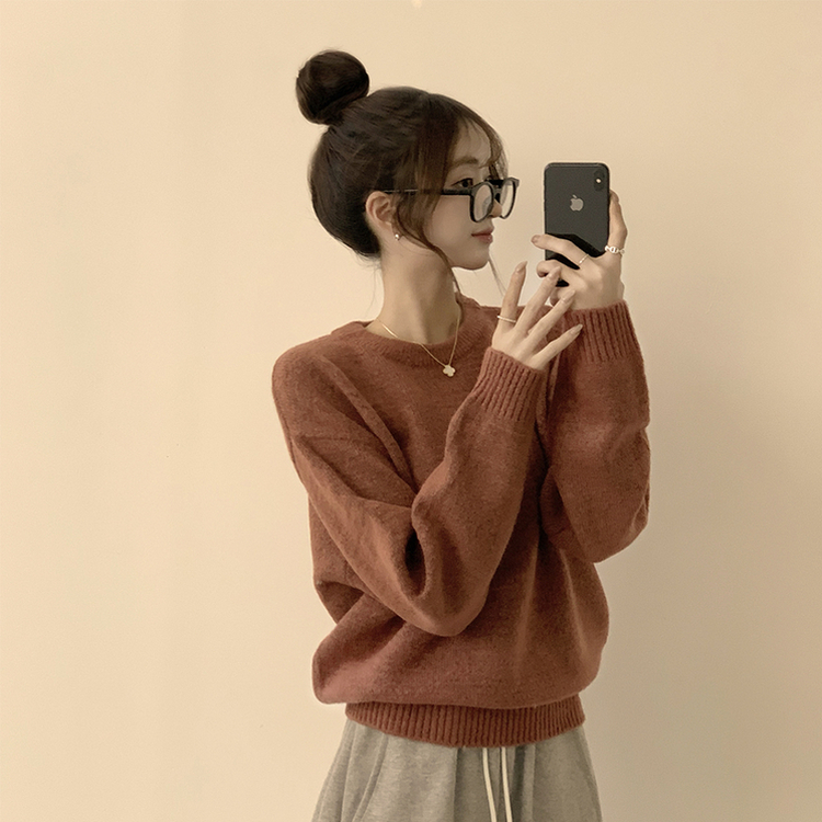 웨이브 라운드 오버핏 겨울 긴팔 니트  와인