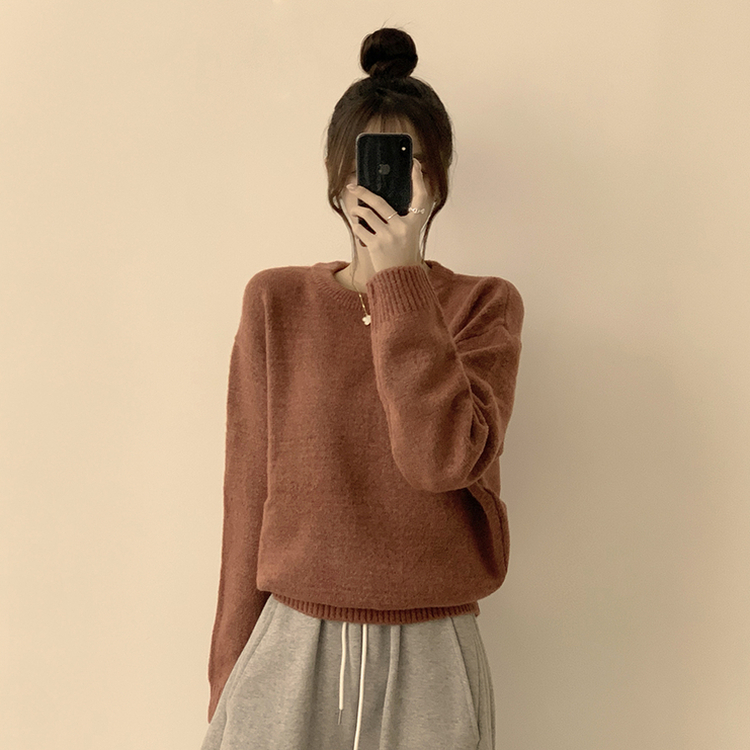 웨이브 라운드 오버핏 겨울 긴팔 니트  와인