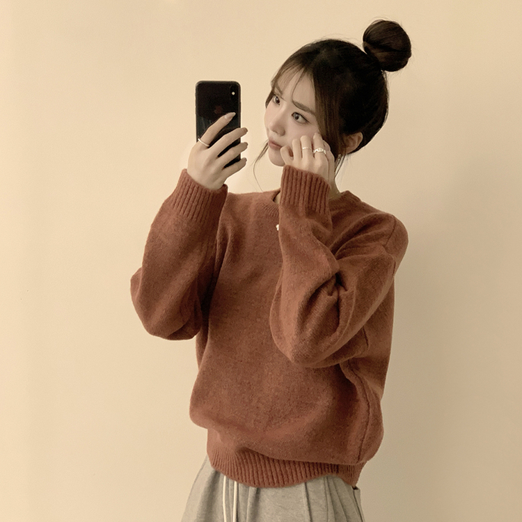 웨이브 라운드 오버핏 겨울 긴팔 니트  와인