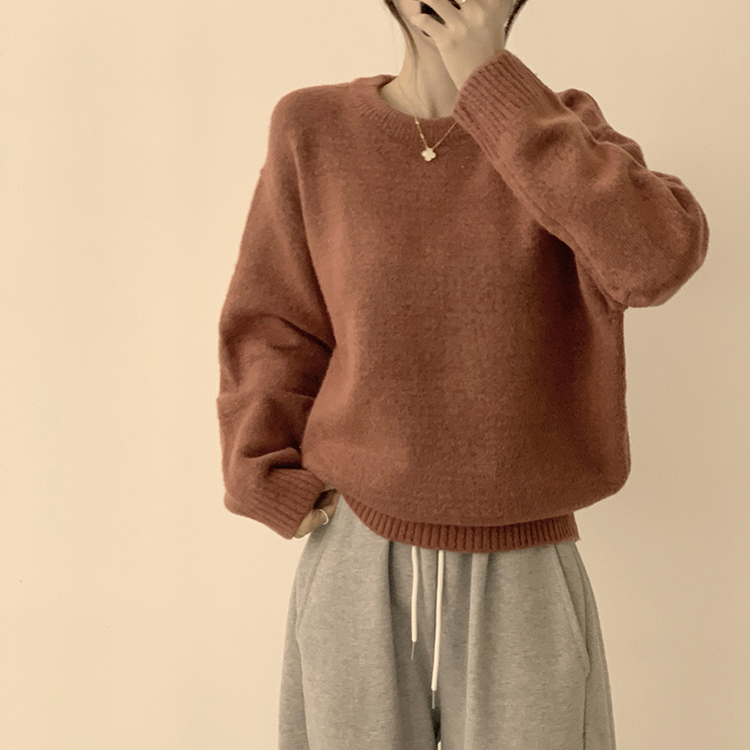 웨이브 라운드 오버핏 겨울 긴팔 니트  와인