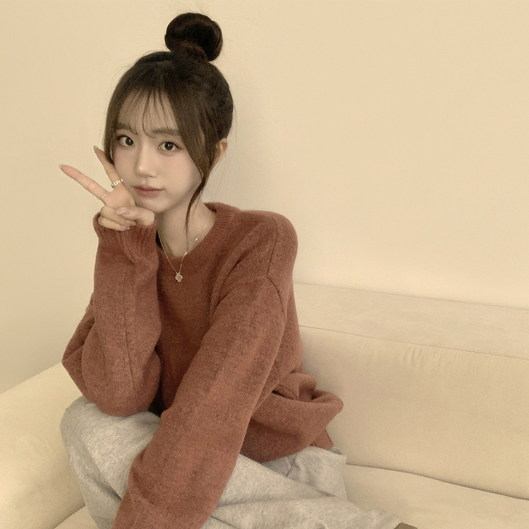 웨이브 라운드 오버핏 겨울 긴팔 니트  와인