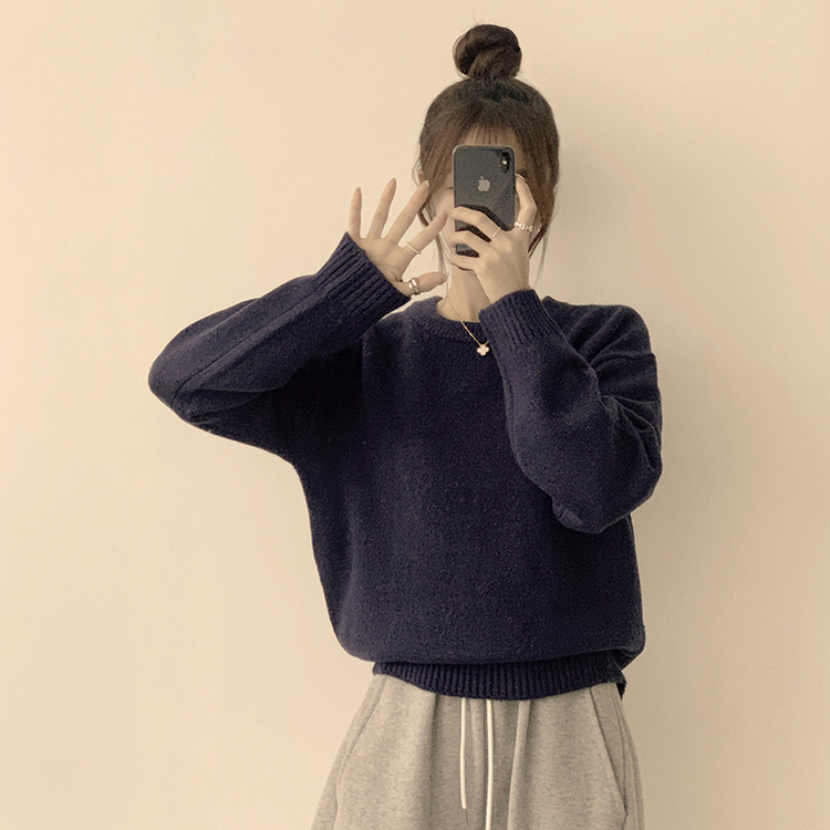 웨이브 라운드 오버핏 겨울 긴팔 니트  네이비