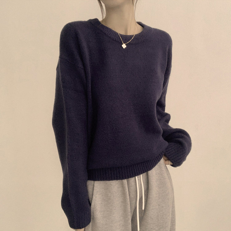 웨이브 라운드 오버핏 겨울 긴팔 니트  네이비