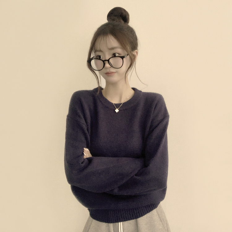 웨이브 라운드 오버핏 겨울 긴팔 니트  네이비