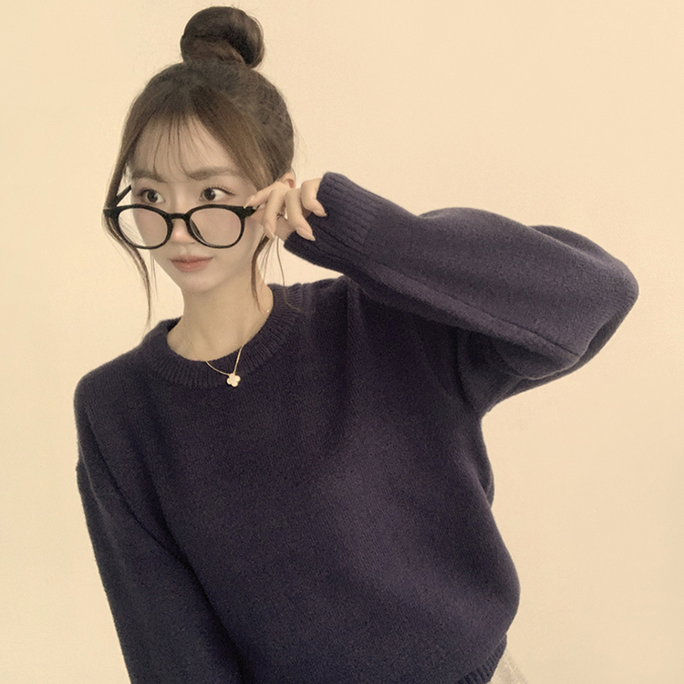 웨이브 라운드 오버핏 겨울 긴팔 니트  네이비