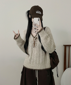 バイカラーケーブルVネックニット BEIGE