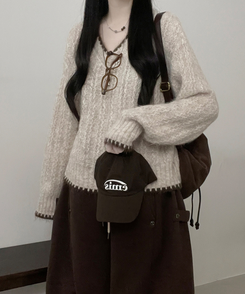 バイカラーケーブルVネックニット BEIGE