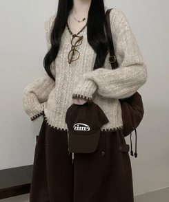 バイカラーケーブルVネックニット BEIGE