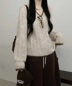 バイカラーケーブルVネックニット BEIGE