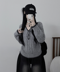 バイカラーケーブルVネックニット GREY