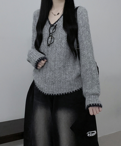 バイカラーケーブルVネックニット GREY