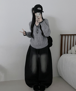 バイカラーケーブルVネックニット GREY