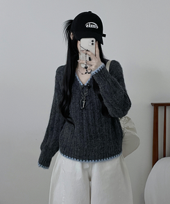 バイカラーケーブルVネックニット CHARCOAL