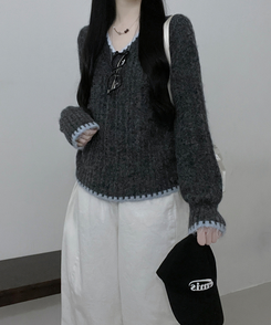 バイカラーケーブルVネックニット CHARCOAL