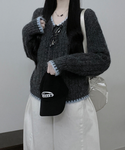 バイカラーケーブルVネックニット CHARCOAL