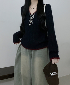 バイカラーケーブルVネックニット NAVY