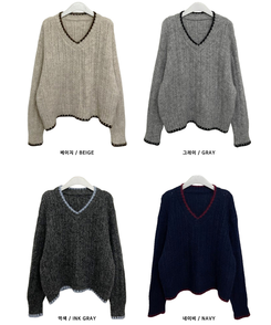 バイカラーケーブルVネックニット