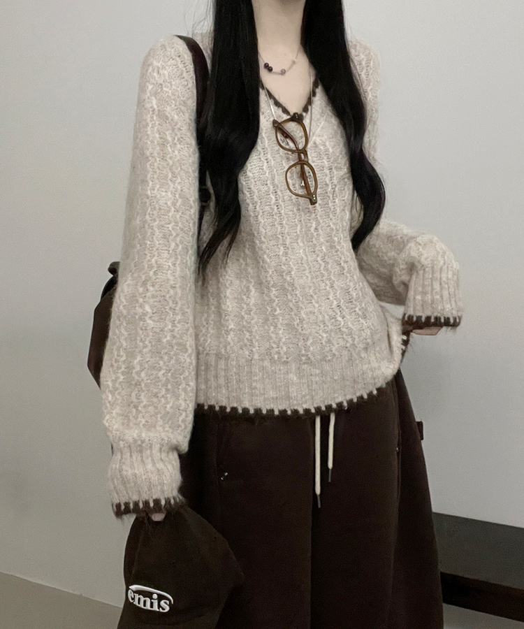 バイカラーケーブルVネックニット BEIGE