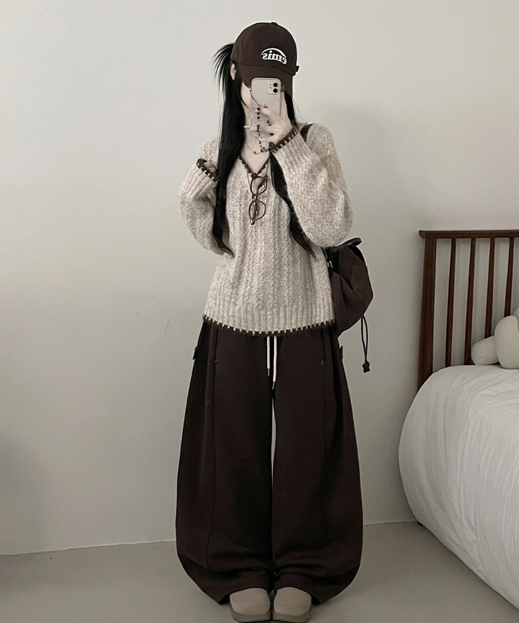 バイカラーケーブルVネックニット BEIGE