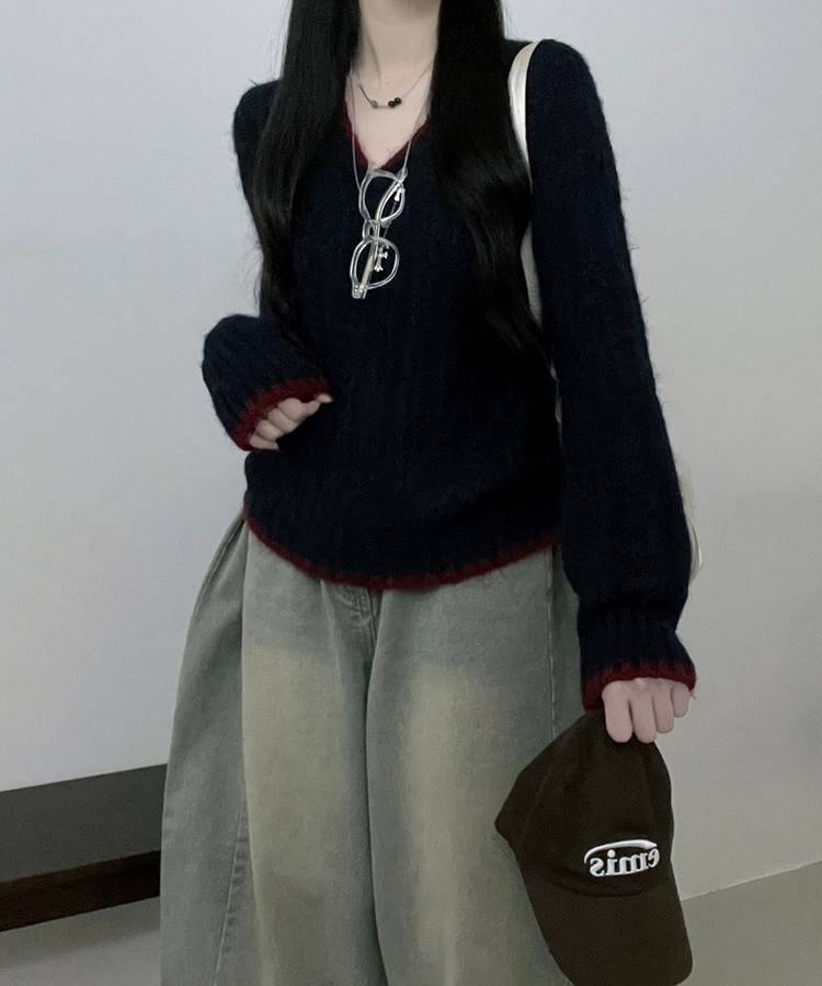 バイカラーケーブルVネックニット NAVY