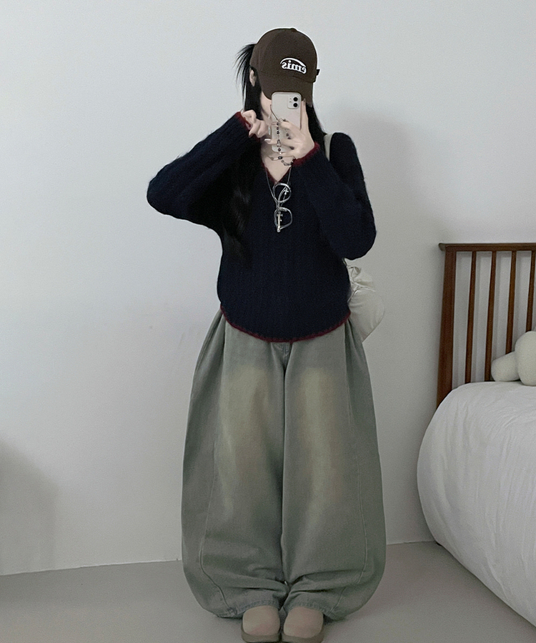 バイカラーケーブルVネックニット NAVY