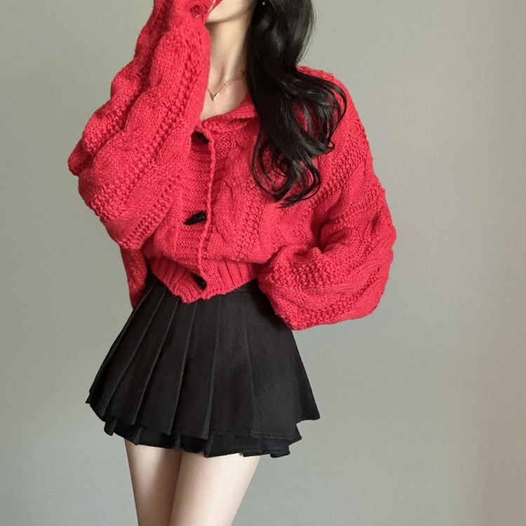 ケーブルオーバーニットカーディガン RED