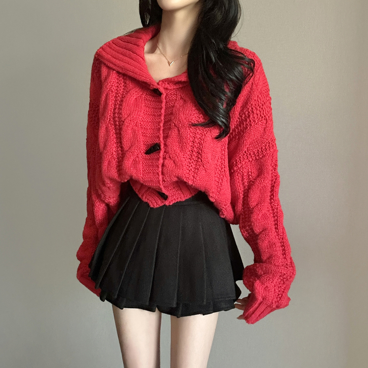 ケーブルオーバーニットカーディガン RED