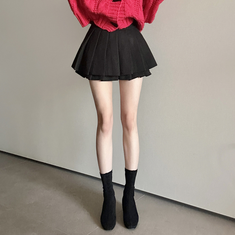 フェミニンスエードプリーツミニスカート BLACK