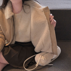 왕따뜻 델리만쥬 스웨이드 양털 무스탕 점퍼 크롭 퍼 자켓 베이지